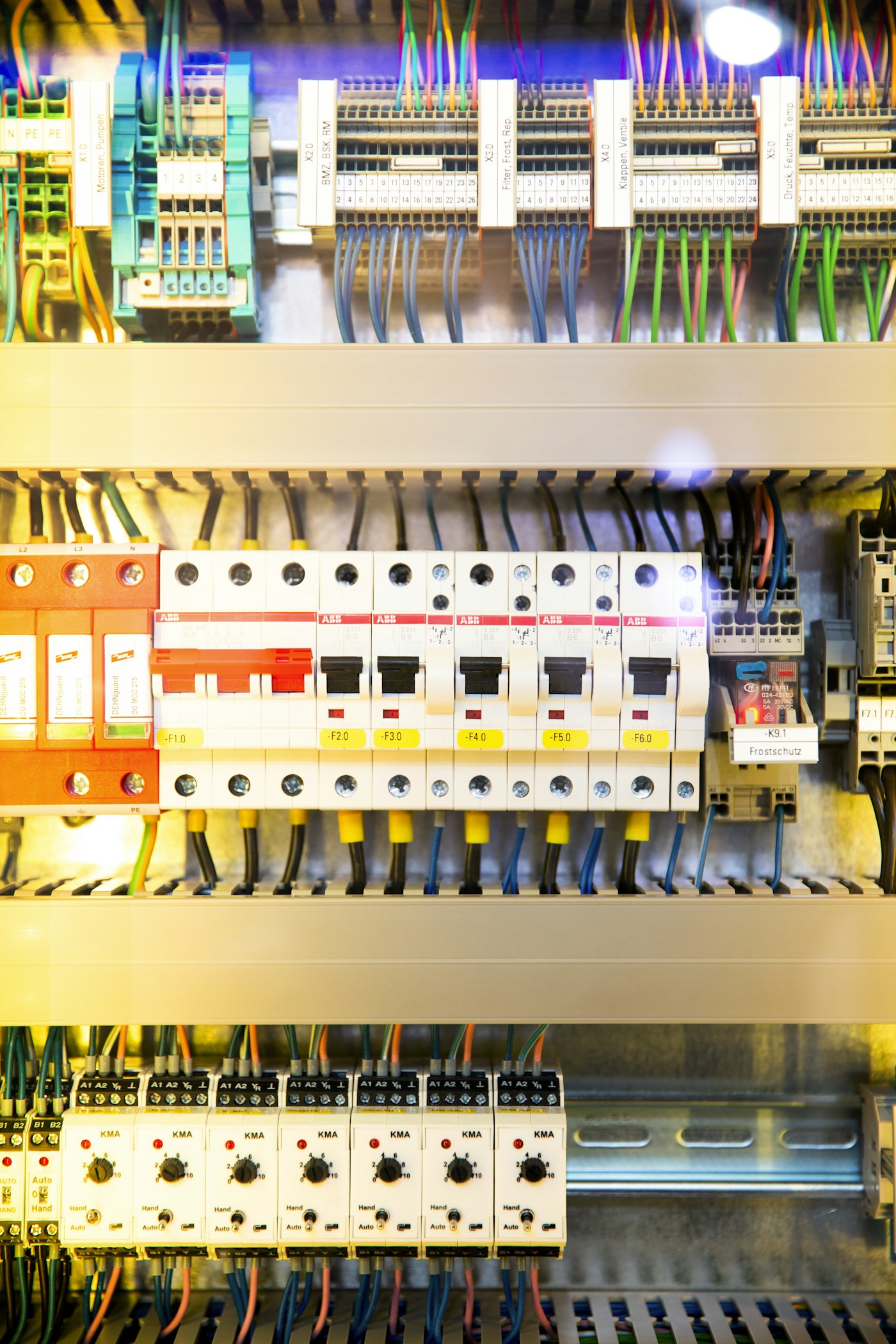 Distribution board with circuit breakers and wiring